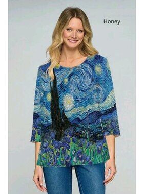 Et' Lois Women's Tunic Top Starry Night Soft Knit 3/4 Sleeves Medium Artsy